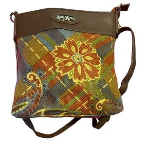 Spartina 449 Crossbody Bag, Earth Tones, Linen & Brown Leather EUC, Adjustable